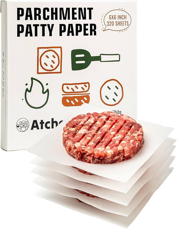 320Pcs 6x6 Inches Parchment Paper Squares, White Patty Paper | Hamburger Patty Paper, Unbleached 100% Wood Pulp Burger Paper for Separating Patty, Burgers, Naan, Tortillas, Freezer, Oven by Atchake