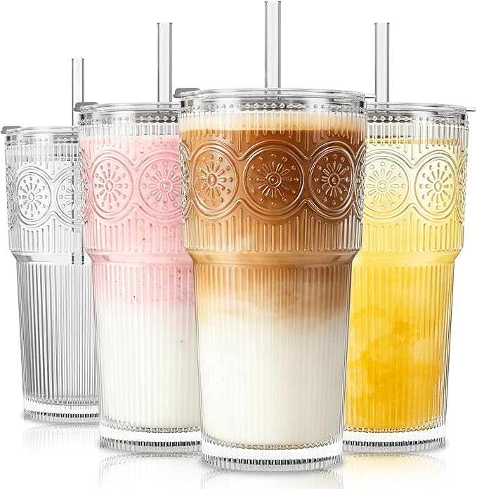 SoulTimes 20oz Ribbed & Floral Glass Tumbler with Lid and Straw – Iced Coffee Glasses Cups for Smoothie, Matcha, Juice, Water etc. Leakproof and Reusable Glassware Drinking for Travel To Go [4 Pcs] by SoulTimes