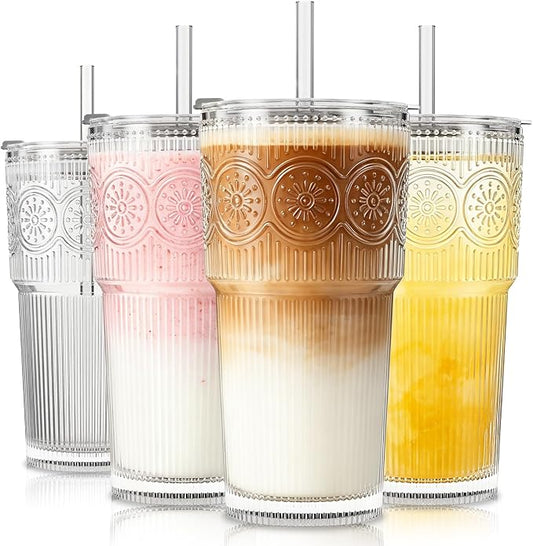 SoulTimes 20oz Ribbed & Floral Glass Tumbler with Lid and Straw – Iced Coffee Glasses Cups for Smoothie, Matcha, Juice, Water etc. Leakproof and Reusable Glassware Drinking for Travel To Go [4 Pcs] by SoulTimes