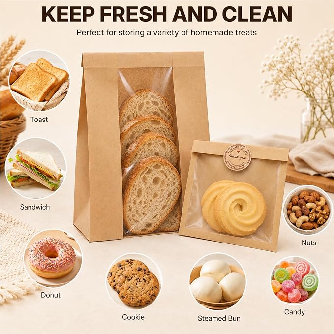 200PCS Large Bread Bags 13.7”x8.3”x3.5” and Cookie Bags 7.8”x7.41” for Homemade Bread and Cookies with Clear Window with 200 Stickers Sourdough Bread Bags for Toast Nuts Candy - Image 4