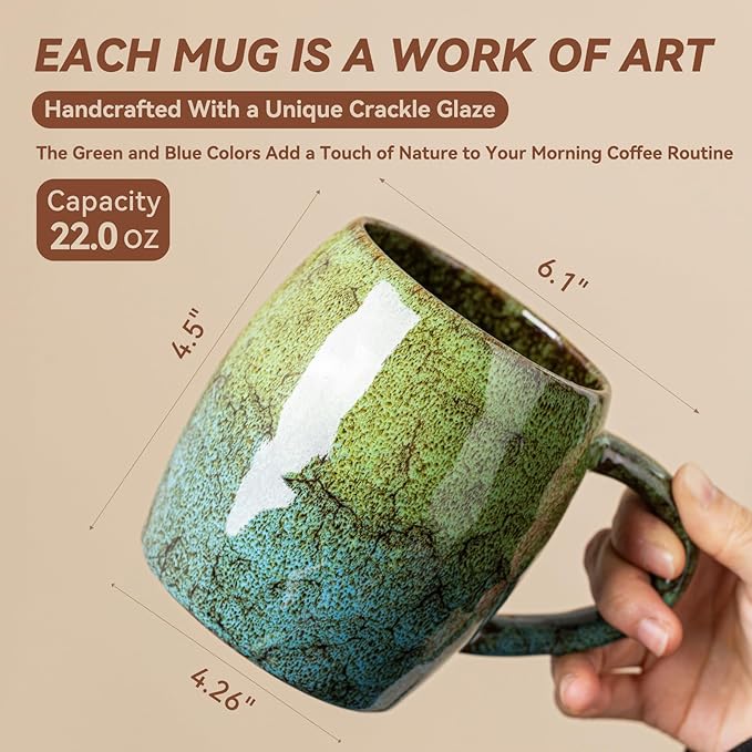 Handmade 22oz Ceramic Coffee Mug, Ergonomic Large Handle, Ideal Gift for Coffee Lovers, Microwave & Dishwasher Safe (Minute-Green&Blue) - Image 7