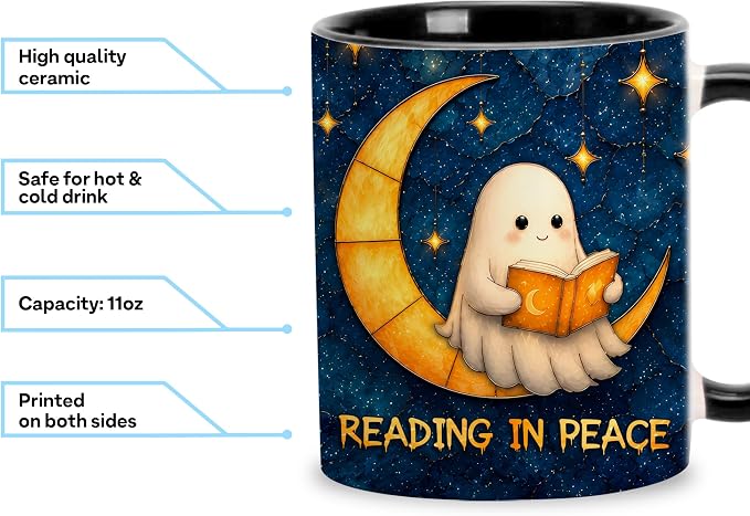 Hyturtle Cute Ghost Reading Mug with Spoon Gift for Book Lover on Halloween | Spooky Ghost Reading Themed Gifts for Readers, Halloween Decor, Double-sided print 11oz ceramic mug, Comfort grip handle - Image 8