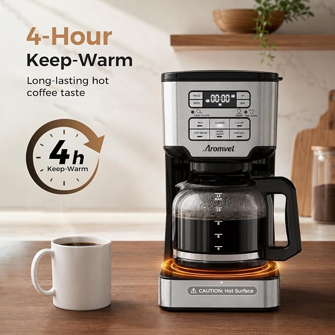 12-Cup Drip Coffee Maker Programmable, Adjustable Brew Strength | 24-Hour Delay Brew & 4-Hour Keep Warm, 1-4 Cup/Classic/Rich Coffee Brewer for Home Office, Coffee Machine with Glass Carafe - Image 4