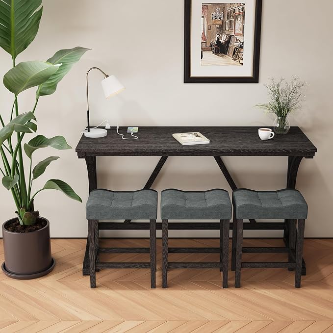 allamazing 4-Piece Counter High Bar Table Set with Socket and 3 Fabric Padded Bar Stools, Tall Kitchen Breakfast Nook with Stool, Black - Image 6