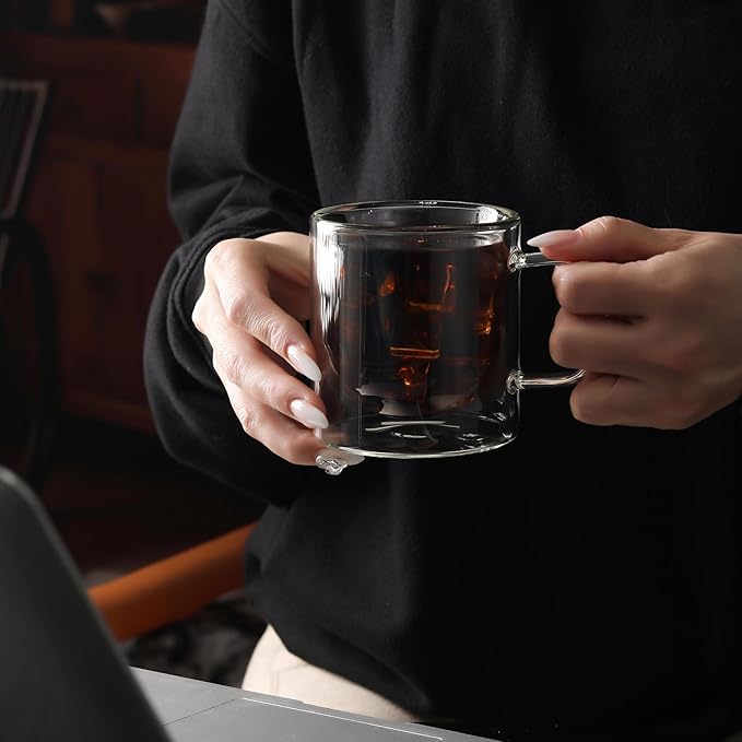 NIRA.Z 12 OZ Double Walled Glass Coffee Mugs Set of 4 Clear Coffee Cups with Handle 355ml Hand-Blown Insulated Glass Tea Cups for Hot & Cold Beverages, Cappuccino, Latte, Tea Bags, Espresso, Americano