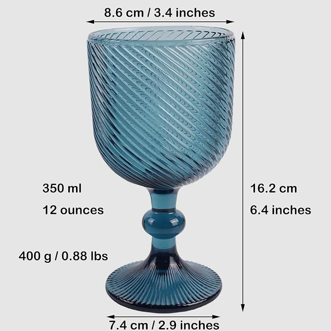 Taganov Blue Water Goblets Glassware Vintage Wine Glasses set of 6 Stem Glasses Drinking Stemware 12 Ounces for Wedding Party Bar Twill pattern 350 ml - Image 6
