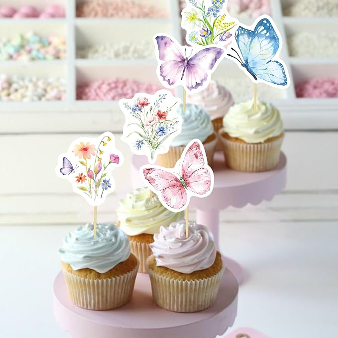 40 Pcs Wildflower & Butterflies Cupcake Toppers - 8 Styles, 5 Pcs Each - Non-Edible Cake Toppers for Wedding, Birthday, Party Decorations - Image 5