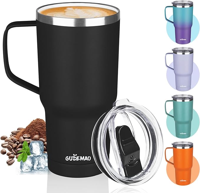 20 oz Insulated Coffee Mug with Ceramic Coating, Stainless Steel Travel Mug Tumbler with Handle Lid and Straw, Double Wall Leak-Proof Coffee Travel Mug Keeps Drink Hot and Cold (Black) by GUDEMAO