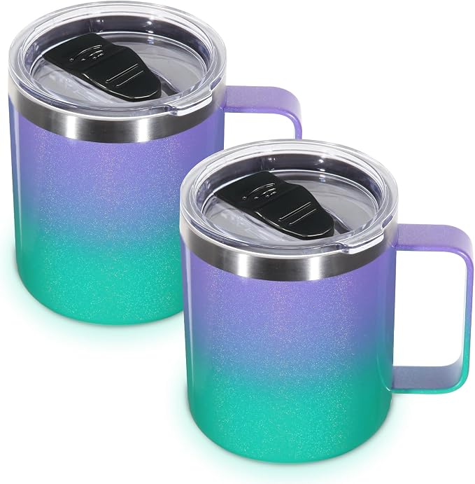 Volhoply 14oz Insulated Stainless Steel Coffee Mug with Lid Bulk 2 Pack,Double Wall Vacuum Travel Coffee Cup with Handle,Reusable Cups Tumbler,Camping Mugs Keep Hot,Ideal Gifts(Purple Green,2) by LiveFully%EF%BC%8CDrinkFreely%E2%80%94KeepGoingwithVolhoply%EF%BC%81