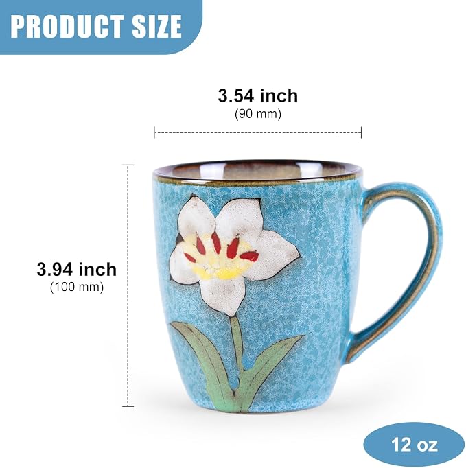 12oz Coffee Mugs Set of 4, Hand-Painted Floral Stoneware Cups with Handle, Dishwasher Microwave Oven Safe, Cappuccino Mugs for Latte, Tea, Espresso & Hot Cocoa, for Home Kitchen & Cafe, Blue - Image 3