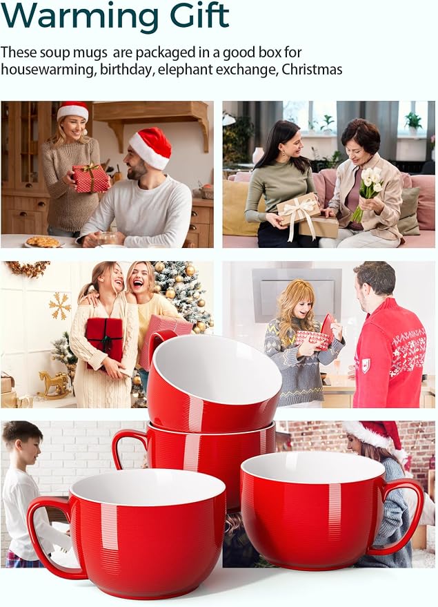 Teocera Red Mugs Set of 4, 24oz Jumbo Mugs, Large Coffee Mugs for Coffee, Hot Cocoa, Tea - Striped Design - Microwave Safe, Christmas Gift - Image 3