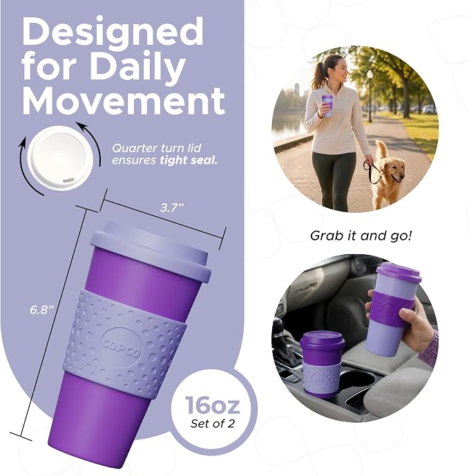 Copco Acadia Travel Mug, 16 Oz - Purple & Light Purple, Set of 2 | Reusable Double Wall Insulated Cup with Spill-Resistant Lid, Non-Slip Grip, Fits Car Cup Holders, Microwave & Dishwasher Safe - Image 2