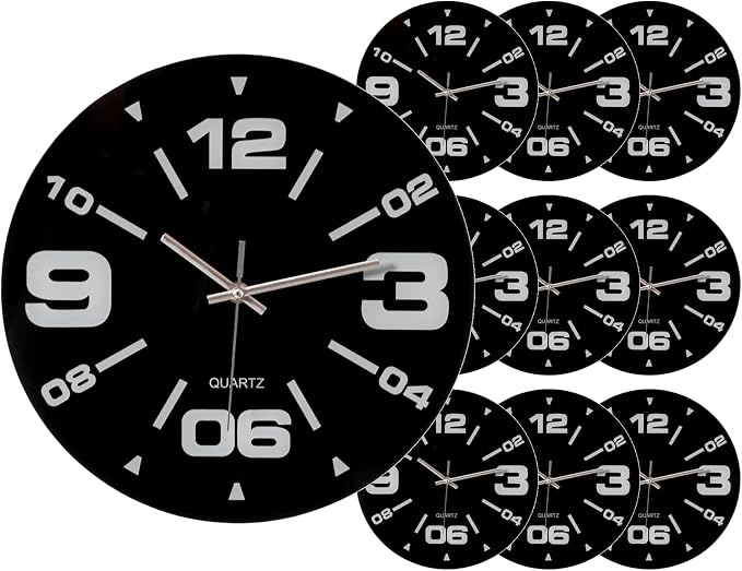 Clockswise Bulk Set of 10 PC 12" Black Decorative Unique Modern Round Glass Wall Clock, for Living Room, Kitchen, Dining or Bedroom, by Clockswise