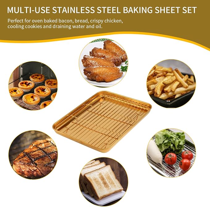 DOCBLACK Baking Sheet with Wire Rack and Silicone Pastry Basting Brush Set, Stainless Steel Cookie Sheet Baking Tray & Cooling Rack & Silicone Food Brush for Cooking and Oven, Dishwasher Safe-Gold - Image 4