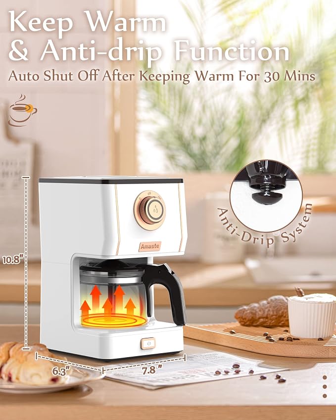 Amaste Retro Style Coffee Machine with 25 Oz Glass Coffee Pot, Reusable Coffee Filter & Three Brewing Modes, Warming Plate, Elegant White with Rose Gold - Image 8
