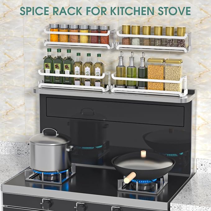LUCYCAZ 4 Pack Wall Mounted Spice Rack for Kitchen Cabinet,RV,Camper,White | 16 Metal Hooks, Space-Saving,Screw or Adhesive Spice Shelf Hanging,for Pantry Door Spice Jars & Seasonings,11.41×2.75×2.36in - Image 9