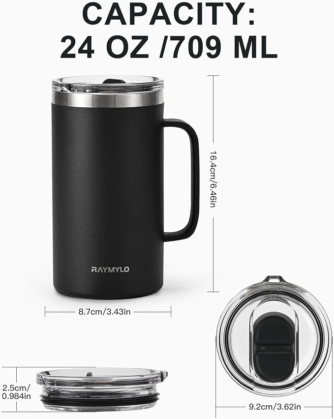RAYMYLO Insulated Coffee Mug 24 oz, Spill-Proof & Detachable Slider Lid | Double Wall Stainless Steel with Thorough Clean Lid & Handle, Cold for 9 Hrs, Suitable for Camp Home Office - Image 6