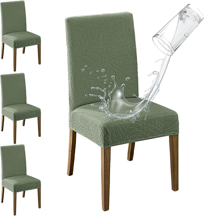 MOSAYT 100% Waterproof Dining Room Chair Covers Set of 4, Super Fit Stretch Jacquard Parson Chairs Slipcovers Removable Washable Chair Seat Protectors for Home, Kitchen, Banquet (Green - XL) by MOSAYT