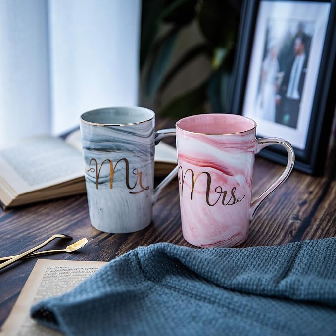 Jumway Wedding Gifts for Couples 2026, Gifts for Bridal Shower Engagement Bride and Groom Anniversary -Ceramic Marble Coffee Mugs with Real Gold Mr/Mrs Letters 14 Oz Pink - Image 3