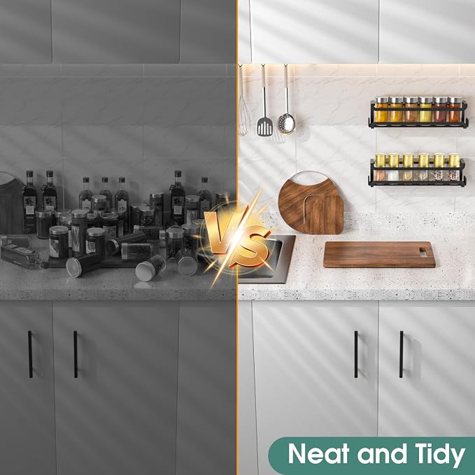 LUCYCAZ 2 Pack Wall Mounted Spice Rack for Spice Jars & Seasonings (Black) | 8 Metal Hooks, Space-Saving,Screw or Adhesive Spice Shelf Hanging,for Kitchen Cabinet,Pantry Door,RV,Camper Spice Orgnaizer - Image 7