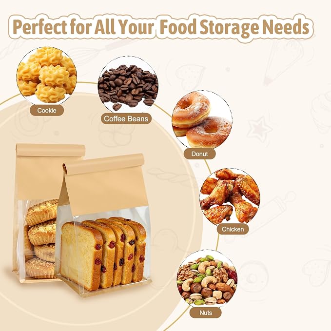 Bakery-Grade Bread & Cookie Bags for Homemade Snack, 2-Size 25Pcs | Luxury Brown Paper Bags with Clear Window, Reusable Tin Tie, Odor-Free Safe for Sourdough, Popcorn, Bake Sales& Snack Storage - Image 4