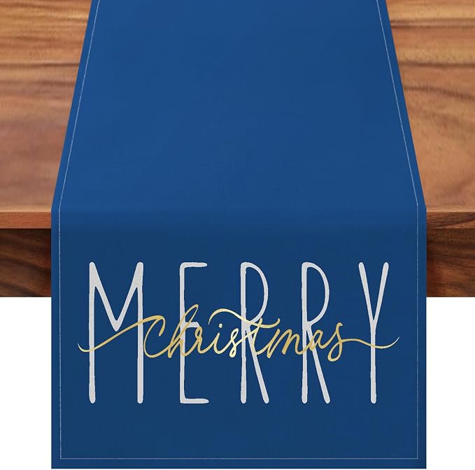 ONWAY Merry Christmas Gold Table Runner Winter Xmas Holiday Kitchen Dining Farmhouse Table Decor for Indoor Outdoor Home Party Decorations 13x72 Inch Blue by ONWAY