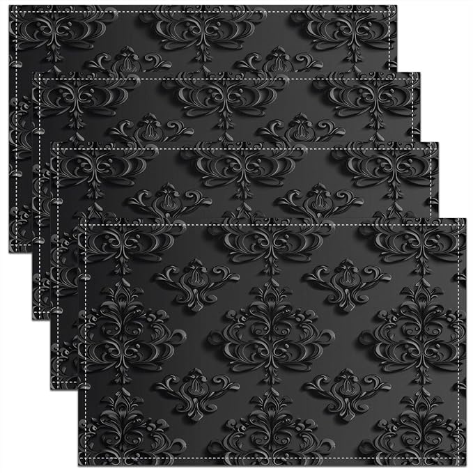 Feelyou Gothic Damask Placemats Set of 4 Vintage Jacquard Table Mats for Party Kitchen Dining Decoration Black Place Mat for Table Holiday Decor Indoor Outdoor 18"x12" Non-Slip Easy to Clean Washable by Feelyou