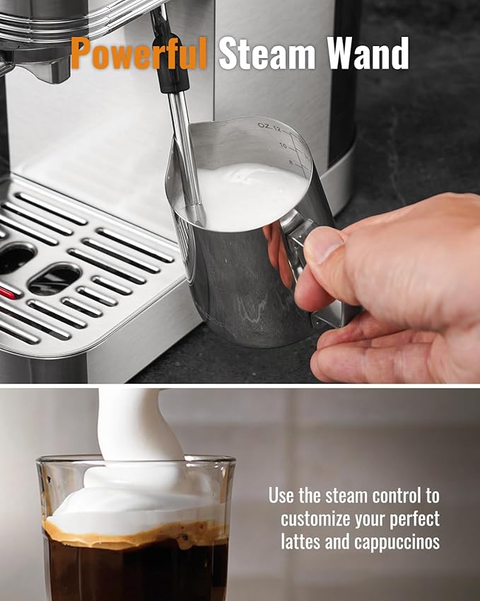 SHARDOR Espresso Machine 20 Bar, Professional Espresso Machine with Milk Frother and Touchscreen, Expresso Coffee Machines with Adjustable Temperature,for Cappuccino, Latte, Stainless Steel, Silver - Image 4