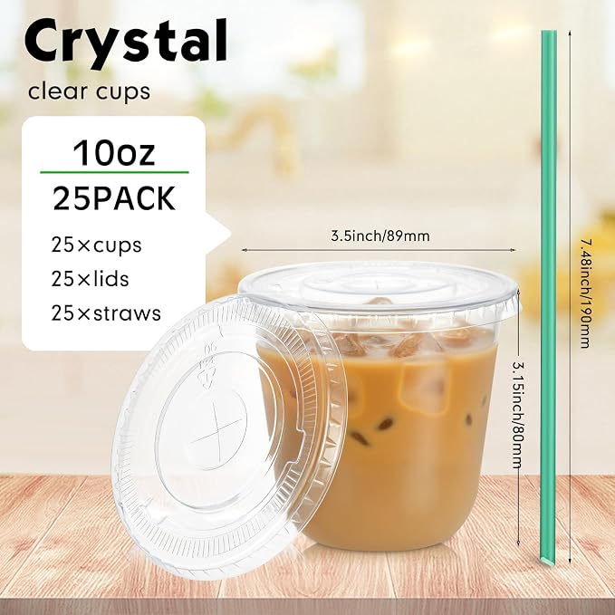 Baderke 25 Set Plastic Cups with Lids and Straws, Disposable Plastic Iced Coffee Cup for Cold Beverage Juice Smoothie Crystal for Coffee Shops Party Catering (Clear,10 oz) - Image 3
