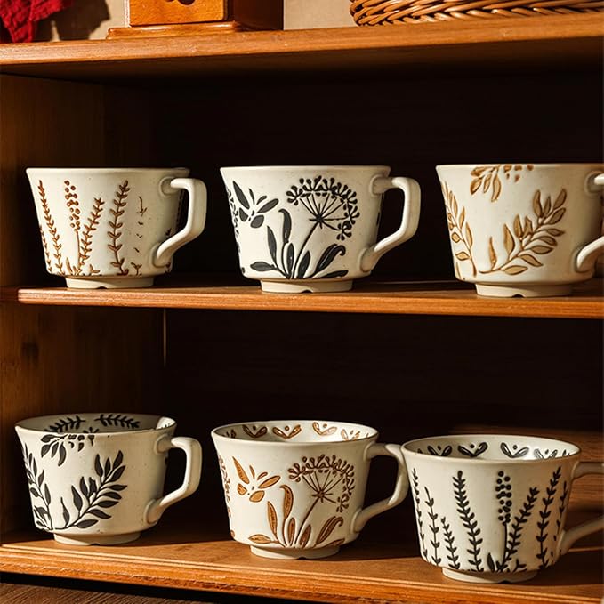 12 oz Vintage Ceramic Coffee Mug Set of 4 - Handmade Stoneware Pottery Countryside Farmhouse Fall Autumn Tea Mugs with Big Handle for Latte,Cocoa,Dishwasher & Microwave Safe Cups (Plants) - Image 7
