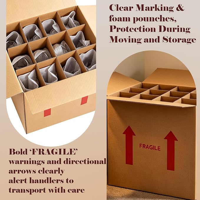 4 Sets Wine Boxes for Moving, 16 x 12 x 12 Inch Wine Bottle Moving Boxes with Reinforced Cardboard and Handles, Corrugated Boxes with Fragile Labels for Glassware, Moving, Packaging, Storage - Image 7