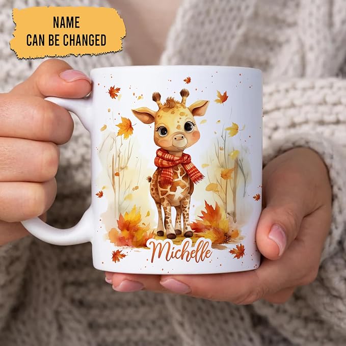 Hyturtle Personalized Fall Giraffe Maple Leaves Coffee Mug Gift on Birthday | Gifts For Giraffe Lovers - Fall Autumn Decor Gifts For Farmhouse Thanksgiving - Custom Name 11oz White Ceramic Coffee Tea Mug - Image 2