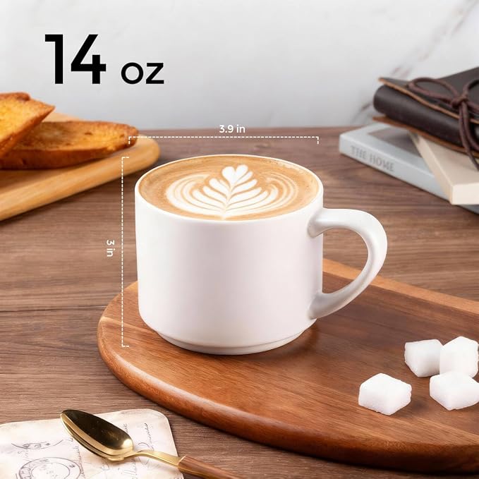 GBhome 14 OZ Coffee Mugs Set of 6, Stackable Ceramic Mugs for Men, Women, Modern Coffee Mugs With Stable Base for Latte, Tea, Cappuccino. Dishwasher & Microwave Safe, Matte White - Image 2