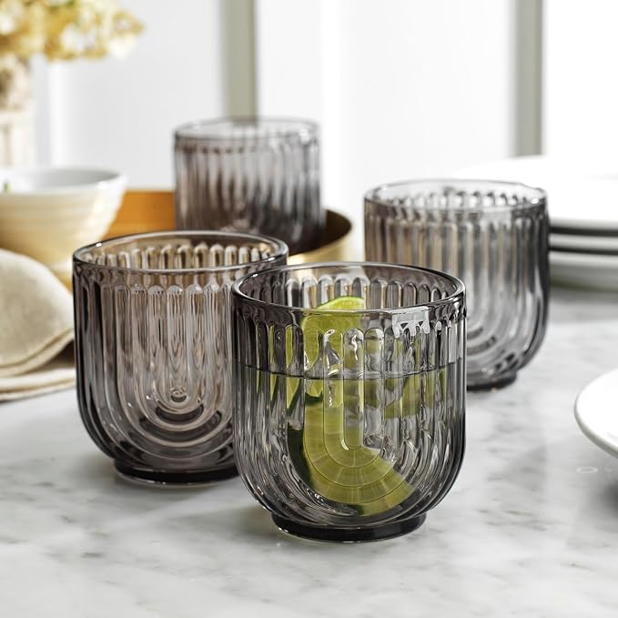 16 Piece Smoke Glassware Set, Beautiful Art Deco Black Drinking Glasses, Ribbed U-Shape Design, 8 Highball 17oz and 8 Whiskey 11oz DOF Handwash Only - Image 6