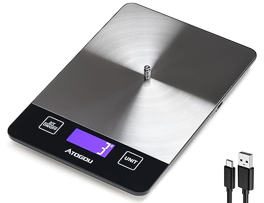 Atogou 1g/ 33lb Food Scale, Rechargeable Kitchen Scale with Full-View Backlit LCD Display, Stainless Steel Surface, USB Charging or AAA Batteries (not Included), for Baking, Cooking, Food Grey