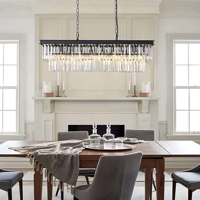 Black Crystal Chandelier for Dining Room Light Fixture Rectangle Modern Farmhouse Chandelier Contemporary Pendant for Kitchen Island Living Room Long Chandelier Rectangular Lighting - Image 4