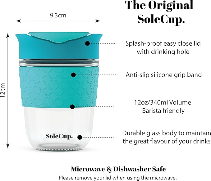 Reusable Strengthened Glass Travel Cup - Spill Proof Insulated Coffee Mug - 12oz/340ml BPA-Free Hot Drink Travel Mug with Lid & Silicone Band (Blue, 12oz)