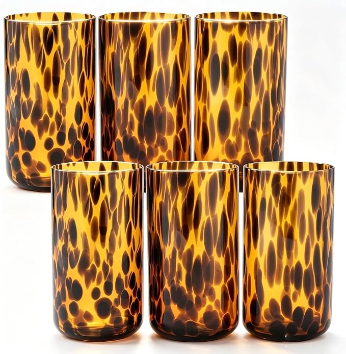 Set of 6 Tortoise Leopard Print Brown Glasses Stylish Stemless Cocktail Cup | 591ml Rocks Glasses Stylish Stemless Cocktail Cups Glass Glassware Tumbler Ideal for Gin, Tequila, Vodka, Soft Drinks by Unknown