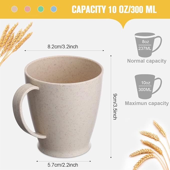 Zopeal 16 Pack Wheat Straw Plastic Coffee Cups Mugs 10 Oz Reusable Plastic Cup Mug with Handle Lightweight Microwavable Dishwasher Safe Unbreakable for Tea Milk Water Juice Coffee (Multicolor) - Image 3