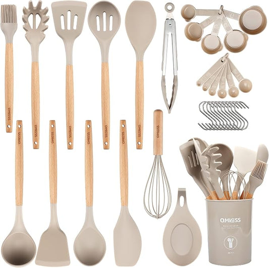 QMVESS Silicone Kitchen Utensils Set, 35 Pcs Non-Stick Cooking Utensils Set, Sturdy Insulation Wooden Handle Kitchen Accessories for Cooking with Spatula Set and Spoons Set Gadgets (Khaki) by QMVESS