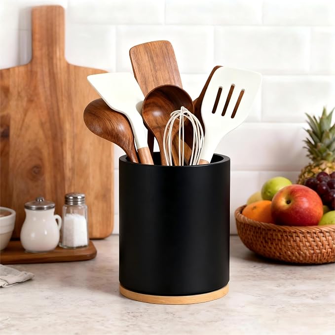 Black Utensil Holder, 360° Rotating 7.3 in Kitchen Organizer | Rustic farmhouse countertop decor. 360° rotating base holds spatulas, ladles, tongs, and cooking tools. Sleek black finish - Image 8