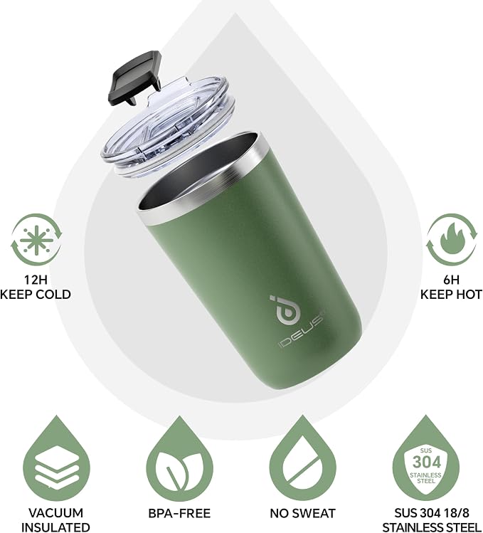Ideus 20 oz Tumbler, Travel Coffee Mug with Splash Proof Sliding Lid, Double Wall Stainless Steel Vacuum Insulated Coffee Mug for Home and Office, Keep Beverages Hot or Cold, Avocado Green - Image 2