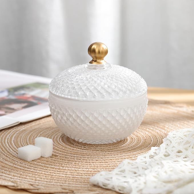 Joeyan 12 oz Small White Glass Jars with Lid,Embossed Glass Candy Dishes,Diamond Faceted Food Container,Decorative Jewelry Box Apothecary Canisters,Colored Kitchen Bathroom Buffet Storage Organizer - Image 8