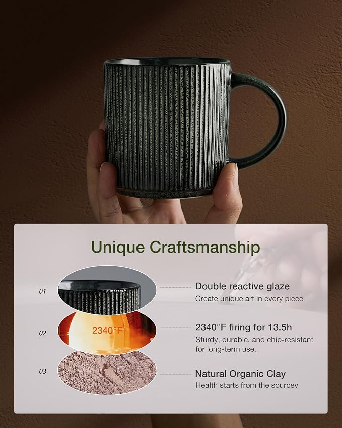 famiware Coffee Mug Set for 8, Star 12 oz Catering Mugs Cup Set with Handle for Coffee, Tea, Cocoa, Milk - Ceramic Stoneware Drinkware Set, Deep Forest - Image 3