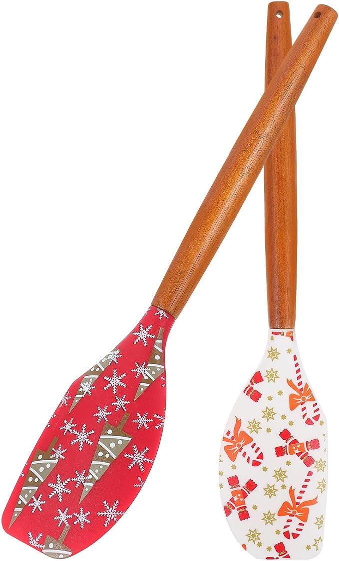2pcs Christmas Silicone Spatula for Baking and Mixing, Multi-functional Butter Scraper with Wooden Handle, Convenient Kitchen Tool for Desserts and Cake Preparation by JECOMPRIS