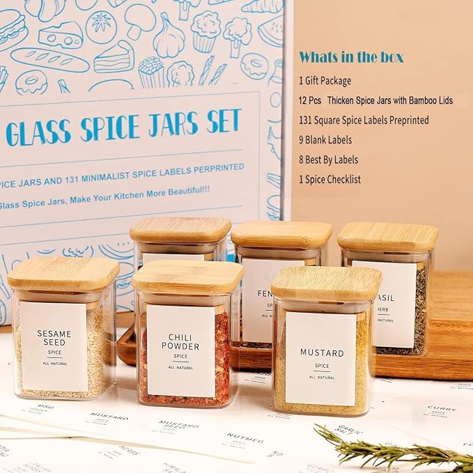 HHMJSM 12 Pcs Square Glass Spice Jars with Natural Bamboo Lids - 5oz Airtight Herb Containers with 148 Waterproof Minimalist Spice Labels Preprinted - Empty Small Seasoning Jars for Kitchen Pantry - Image 2