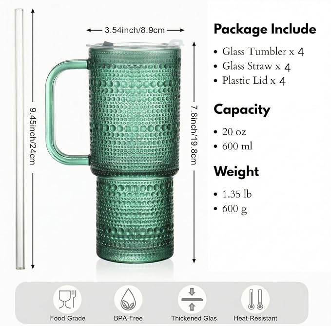 20 oz Green Glass Tumbler with Lid and Straw, Glass Iced Coffee Cups, Spill-proof Glasses Tumbler with Handle, Glasses Drinking Set of 4, Vintage Glassware for Cocktail, Smoothies - Image 2