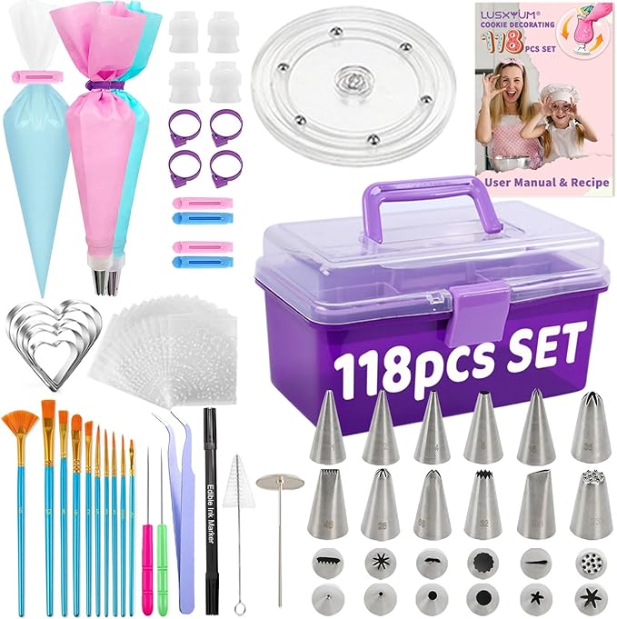 Cookie Decorating Kit 118pcs with Storage Case, Royal Sugar Piping Bags and Tips Icing Supplies Set, Turntable Scribe Decoration Tools for Kids & Cookie Holiday Christmas Valentine