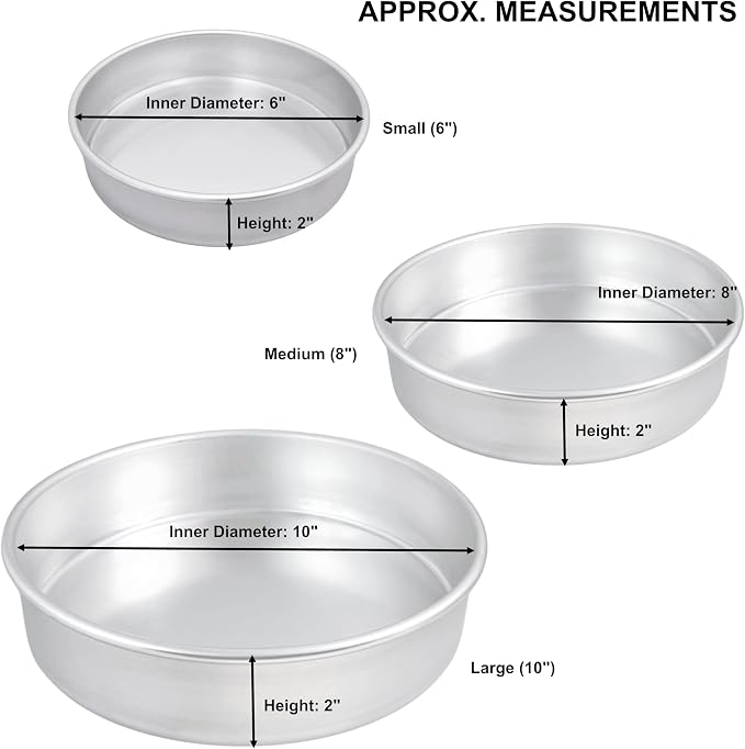 Set of 3 Aluminum Round Cake Pans, Deep Dish Pizza Pans, Baking & Roasting Pans, 10”, 8”, 6” Assorted Sizes - Image 2
