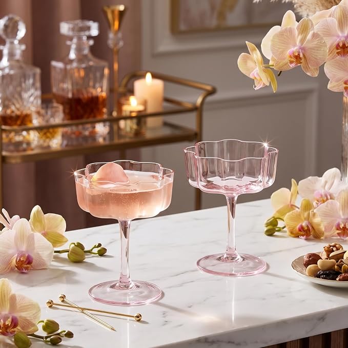 Khen Flower Vintage Wavy Petals Wave Glass Coupes 7oz Colorful Martini, Champagne & Cocktails - 2 Set - Rippled & Champagne Glasses, Bar Glassware Copyright Design (Pink) - Image 8